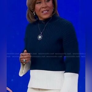 Polo Ralph Lauren Navy and Cream Classic Trendy Cotton Blend Ribbed Sweater S